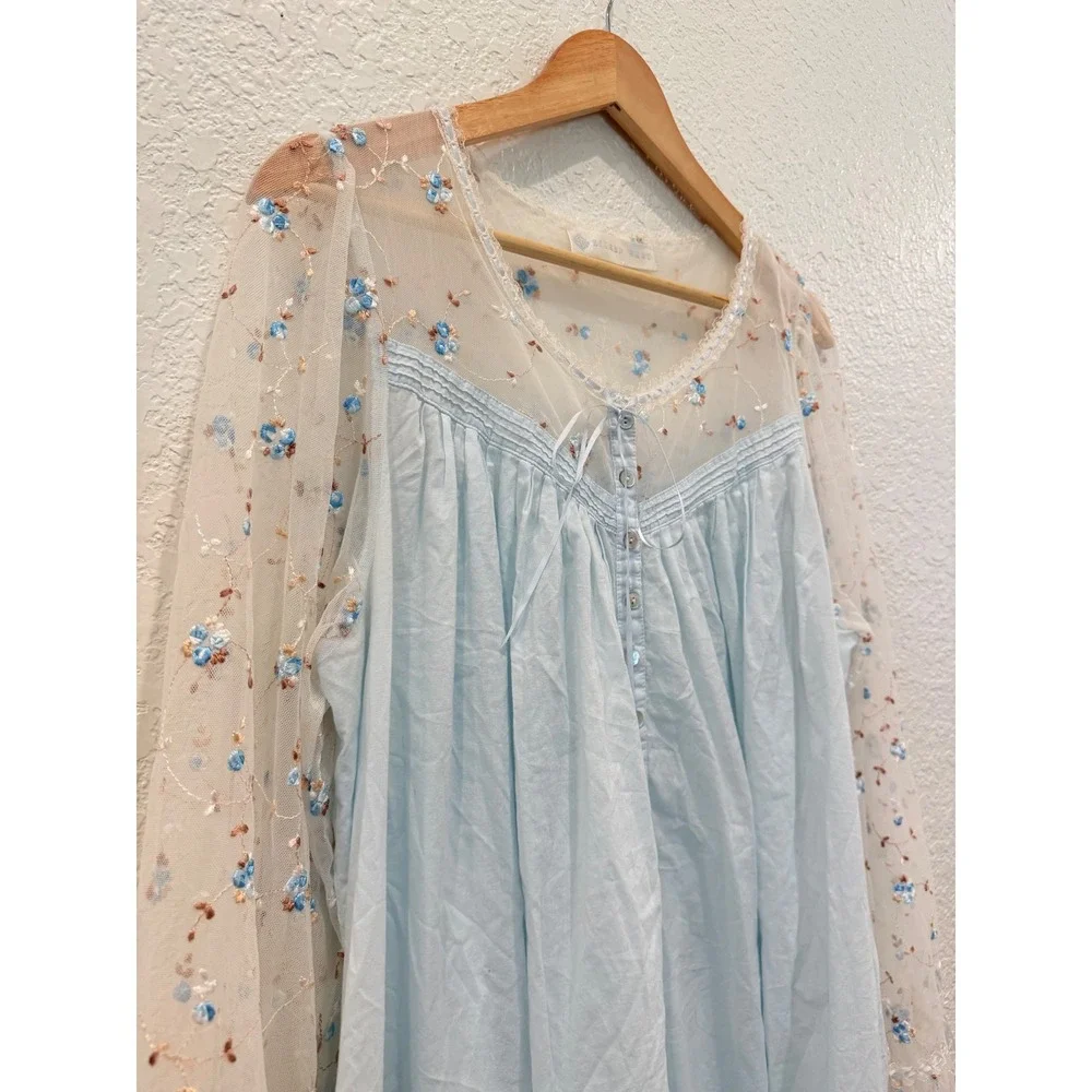 Eileen West Blue Cotton Embroidered Mesh Sleeve Lawn Nightgown Victorian Style M - Picture 3 of 12